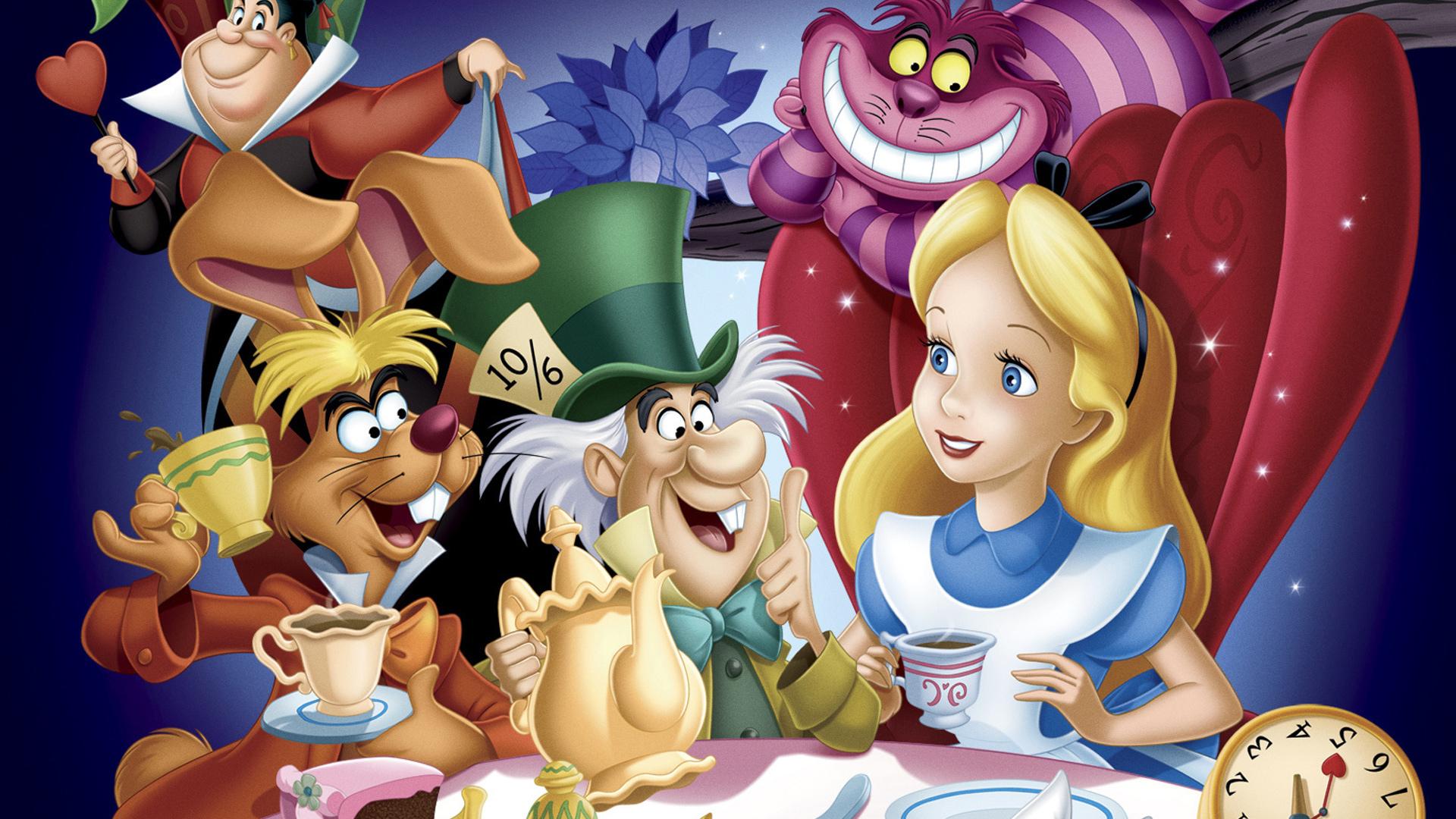 Colorful image of young blonde girl, Alice, surrounded by fantastical characters from the children's classic.