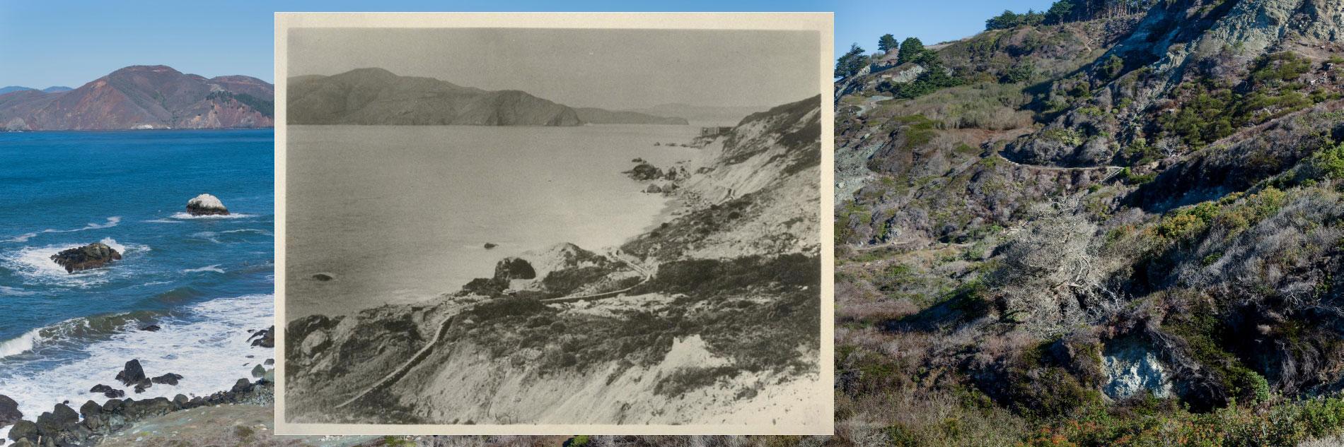 Old photo of the Golden Gate overlayed with current Golden Gate.