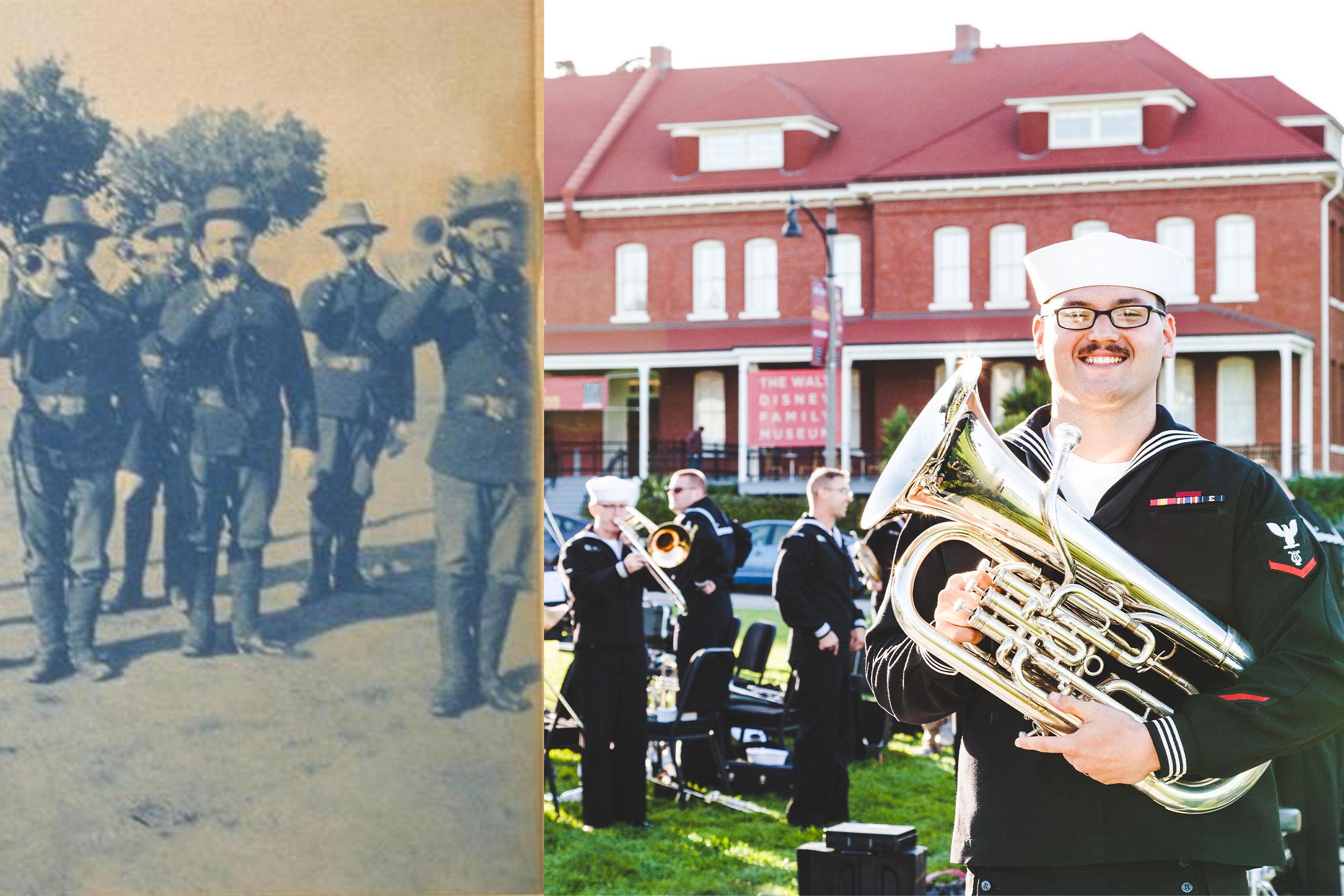 Presidio band of buglers then and a band now