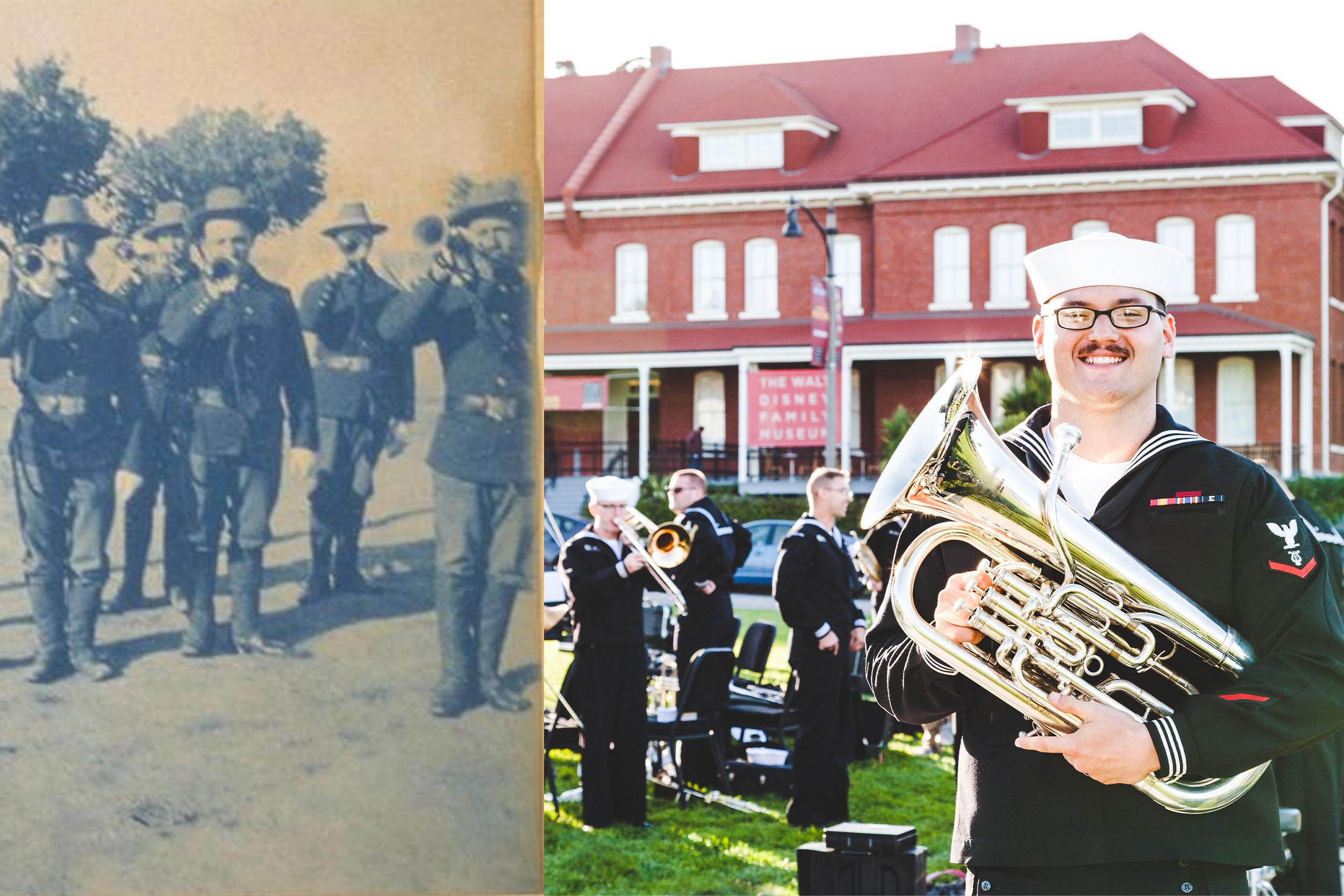 Presidio band of buglers then and a band now