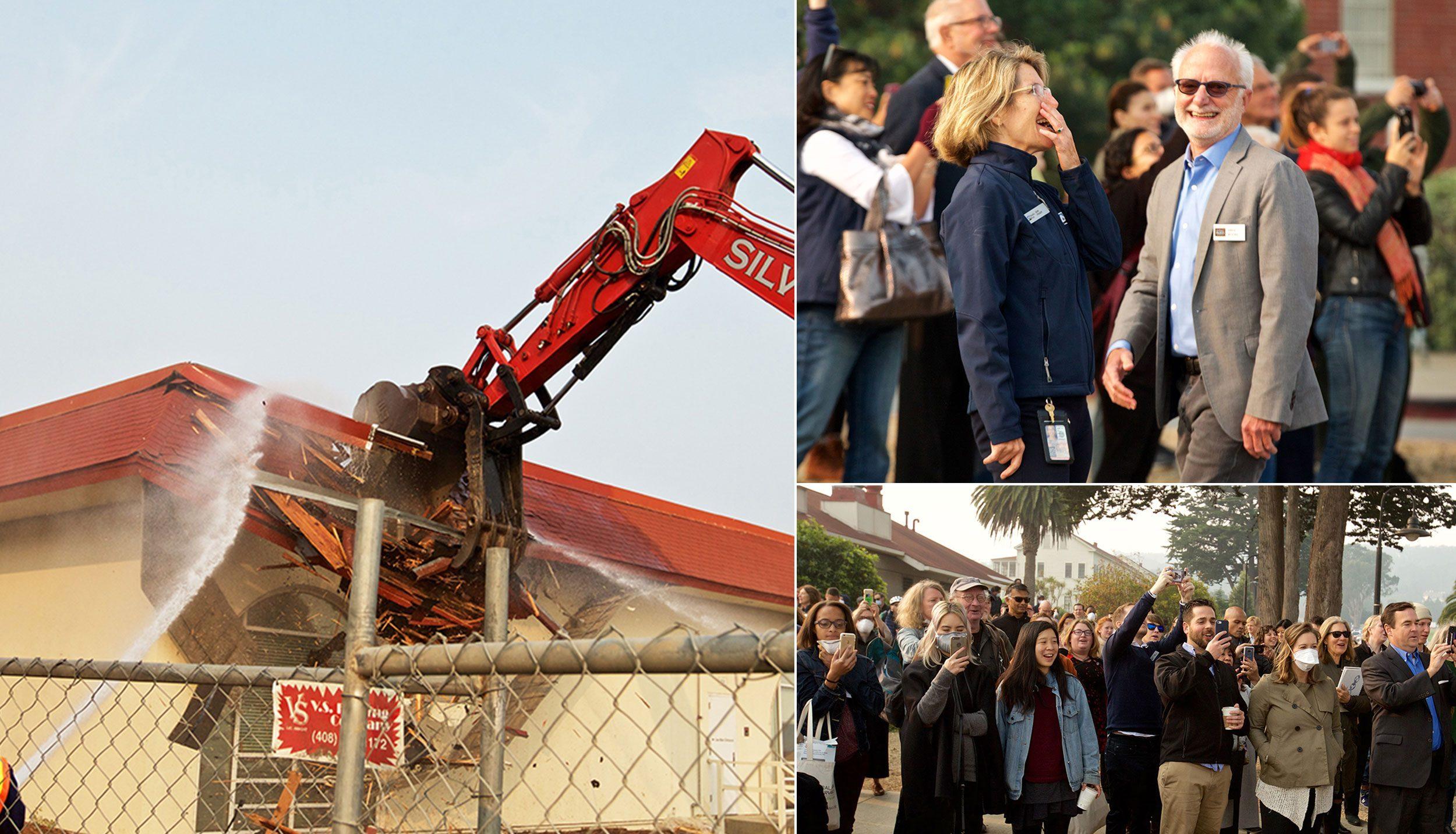 Observation Post building being demolished and being viewed by spectators.