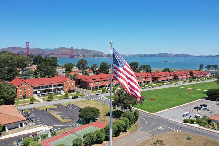 An American flag flies over the Presidio.