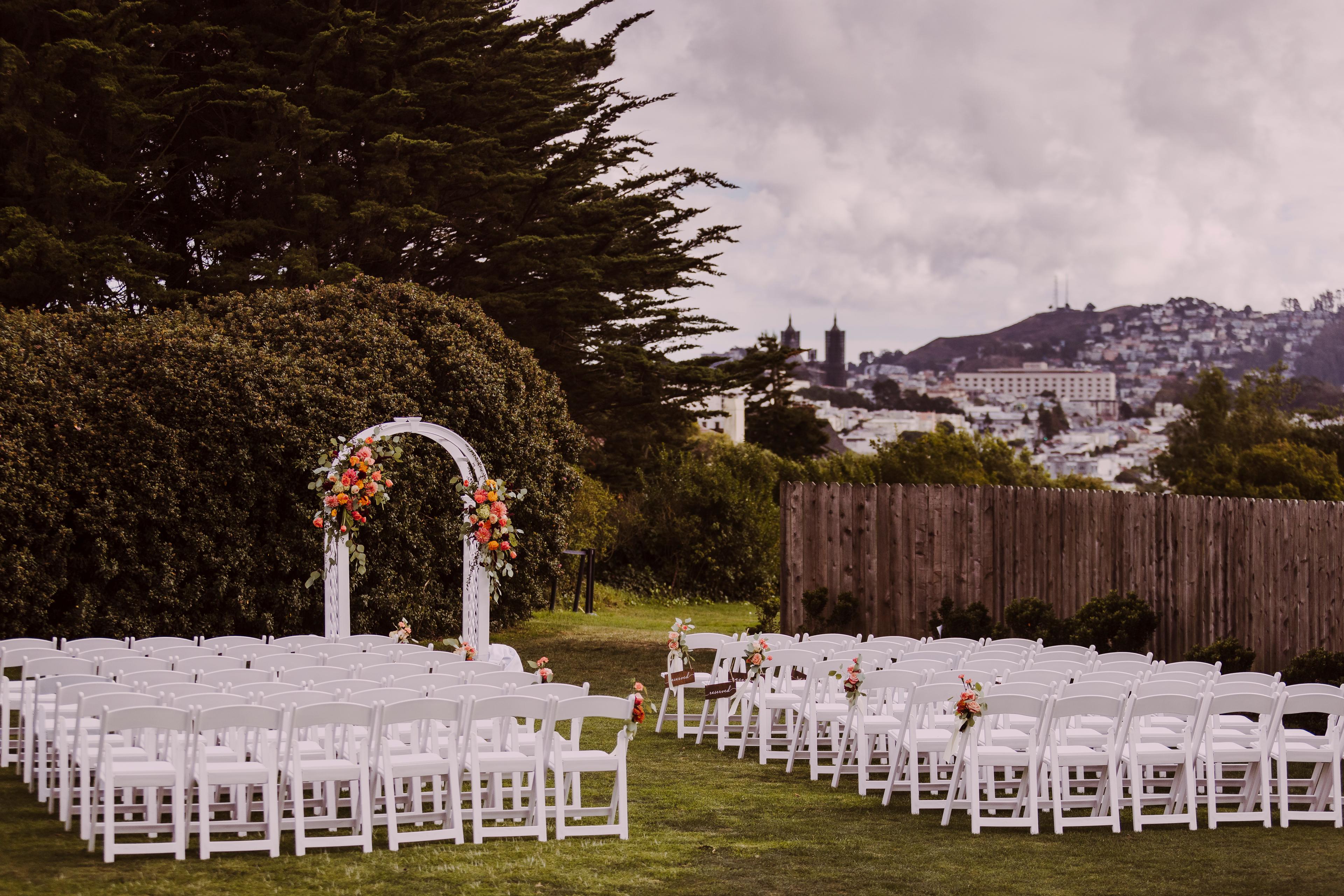 wedding ceremony set up with San Francisco as the backdrop