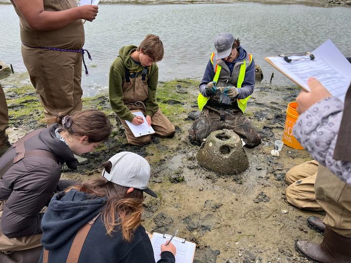 Students shown with the “reef” balls created to attract the native Olympic oyster.