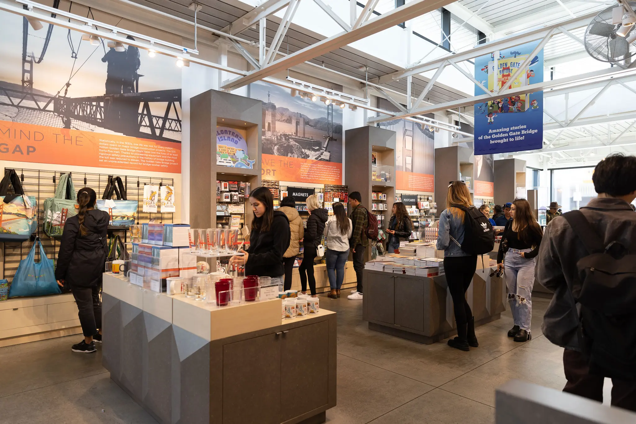 Visitors shopping inside the Golden Gate Bridge Welcome Center.