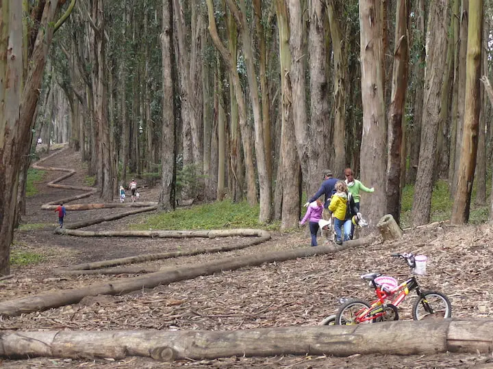 A family walking near Andy Goldsworthy’s Wood Line, with a bicycle in the foreground.