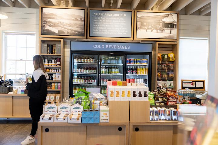 A display of pre-packed food and drinks at the Warming Hut.