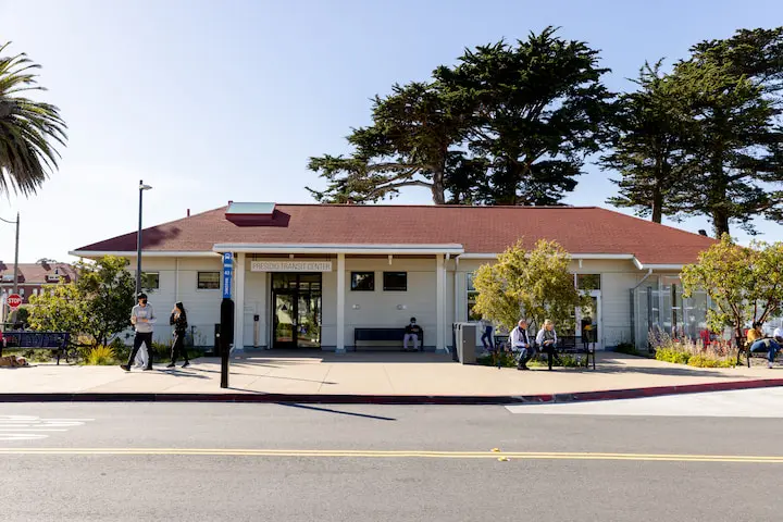 Presidio Transit exterior with sign.