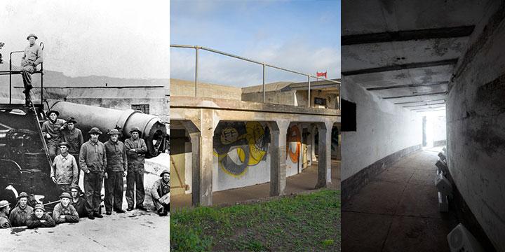 Various images then and now of Batteries Godfrey, Boutelle, and Marcus Miller
