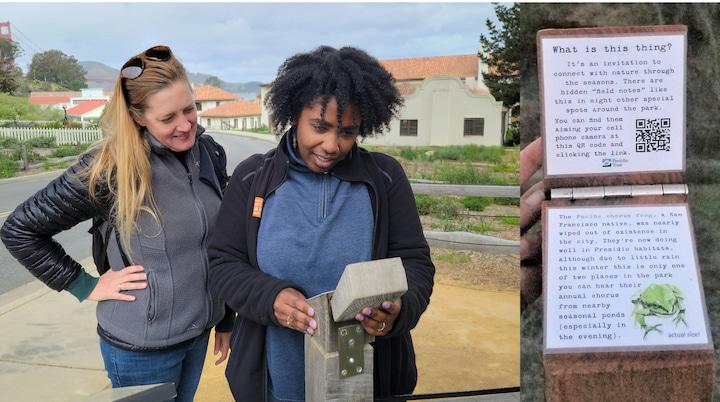 Visitors consult a field notes station at the Presidio.