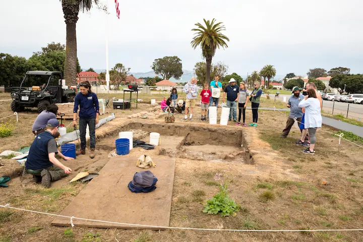 Flagpole and archaeology site at Pershing Square.