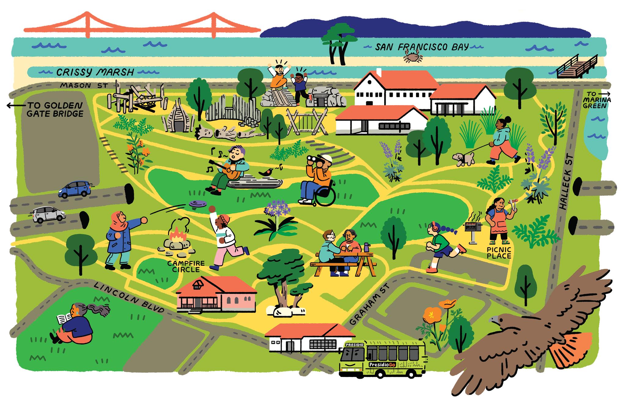 Illustrated Presidio Tunnel Tops map, showing the site from above.