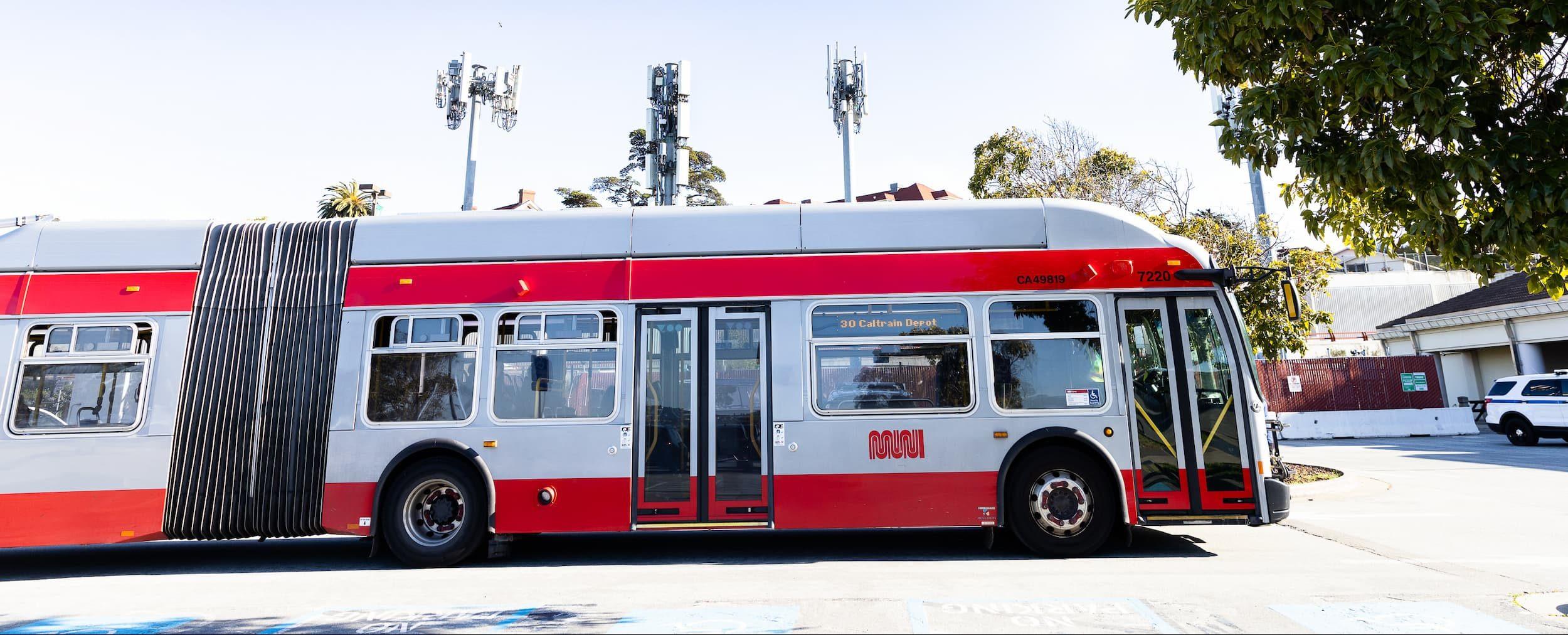 A Muni bus pulls away from Presidio Transit Center. Photo by Myleen Hollero.