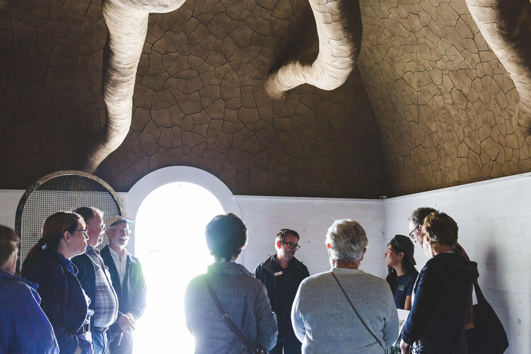 People in the powder magazine with Goldsworthy's Tree Fall overhead.