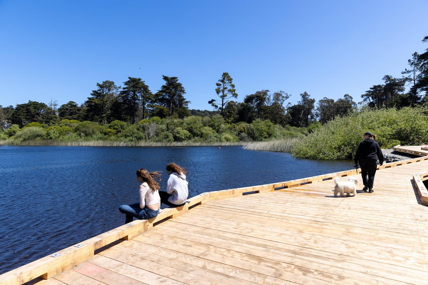 Visitors, including one with a dog, walking along the edge of Mountain Lake.