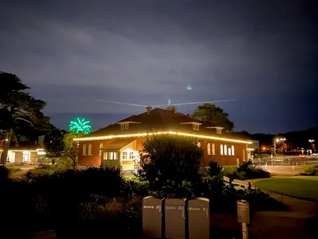 Holiday lighting on the Presidio Visitor Center.