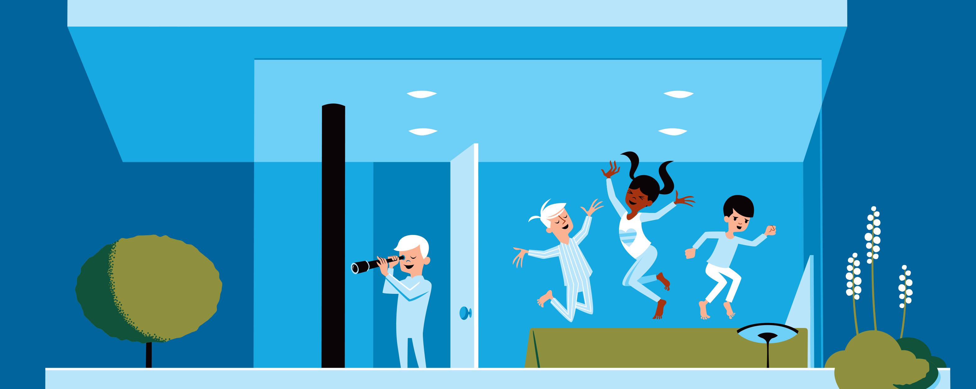 cover art image of animated kids bouncing around on a bed in a house.