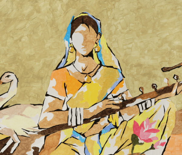 painting of a woman sitting cross legged with an instrument in her lap.