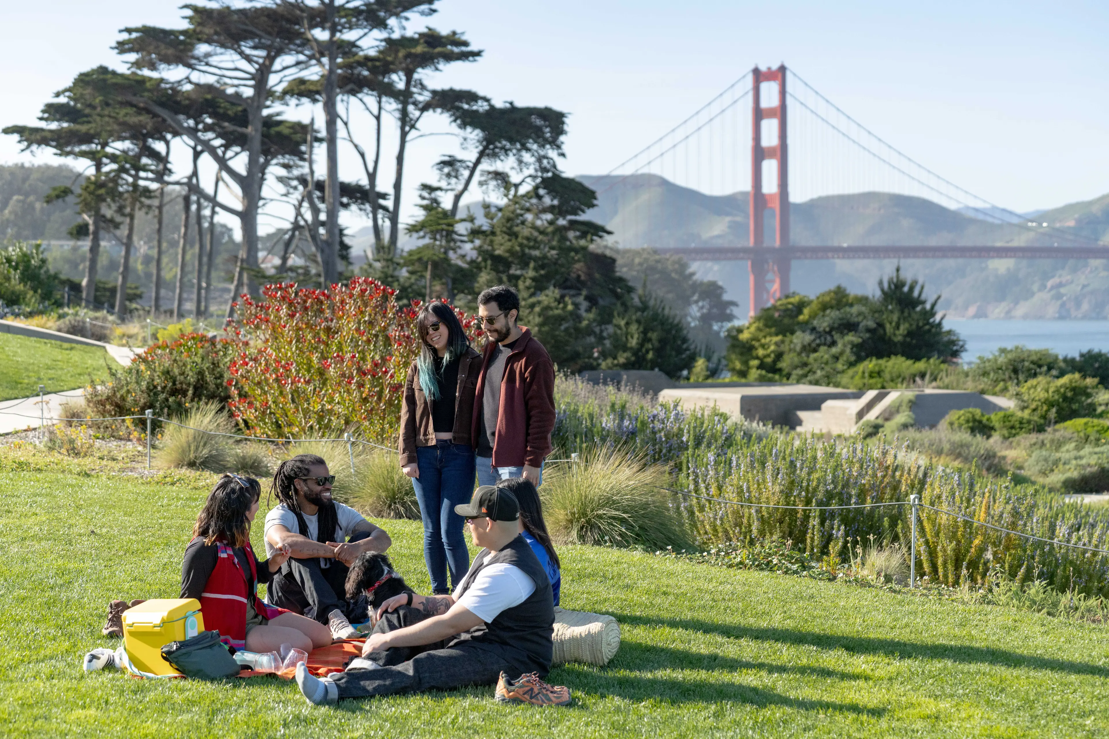 multiple couples and a dog having a picnic at Battery Bluffs with the Golden Gate Bridge in the background
