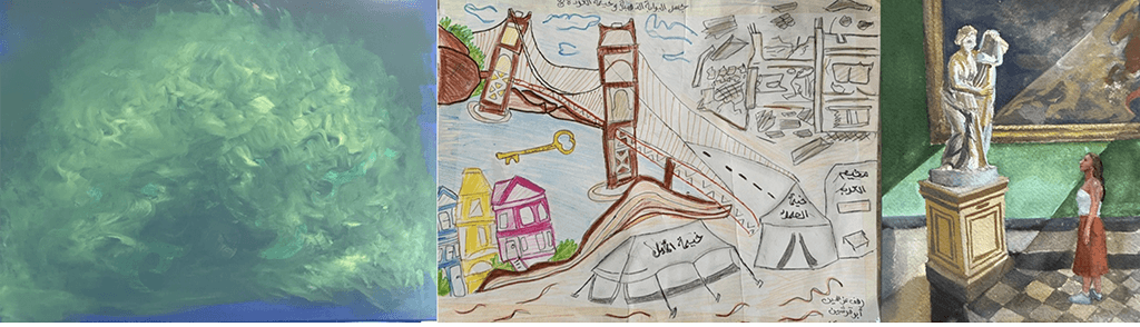 Three-part panel of kid's art with the Golden Gate Bridge in the middle panel