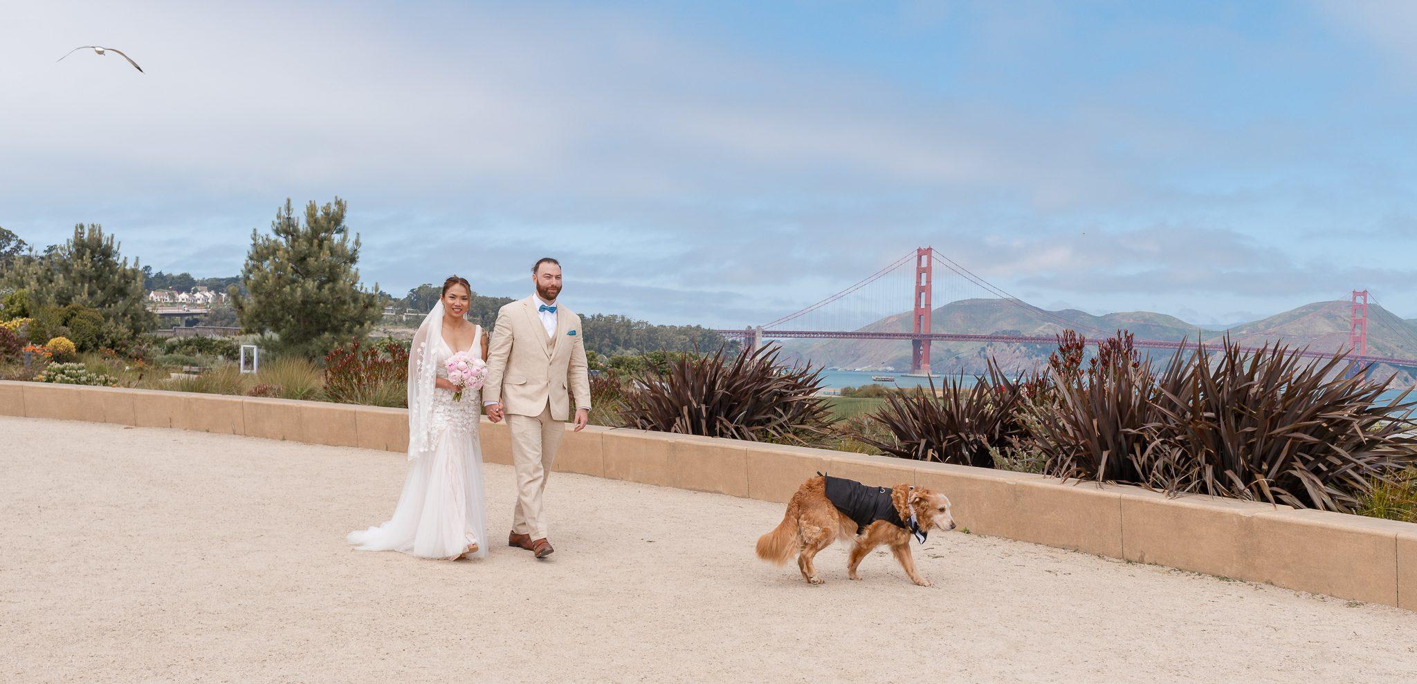 Couple dressed for their wedding walking with their dog on the Presidio Tunnel Tops with the Golden Gate Bridge in the background