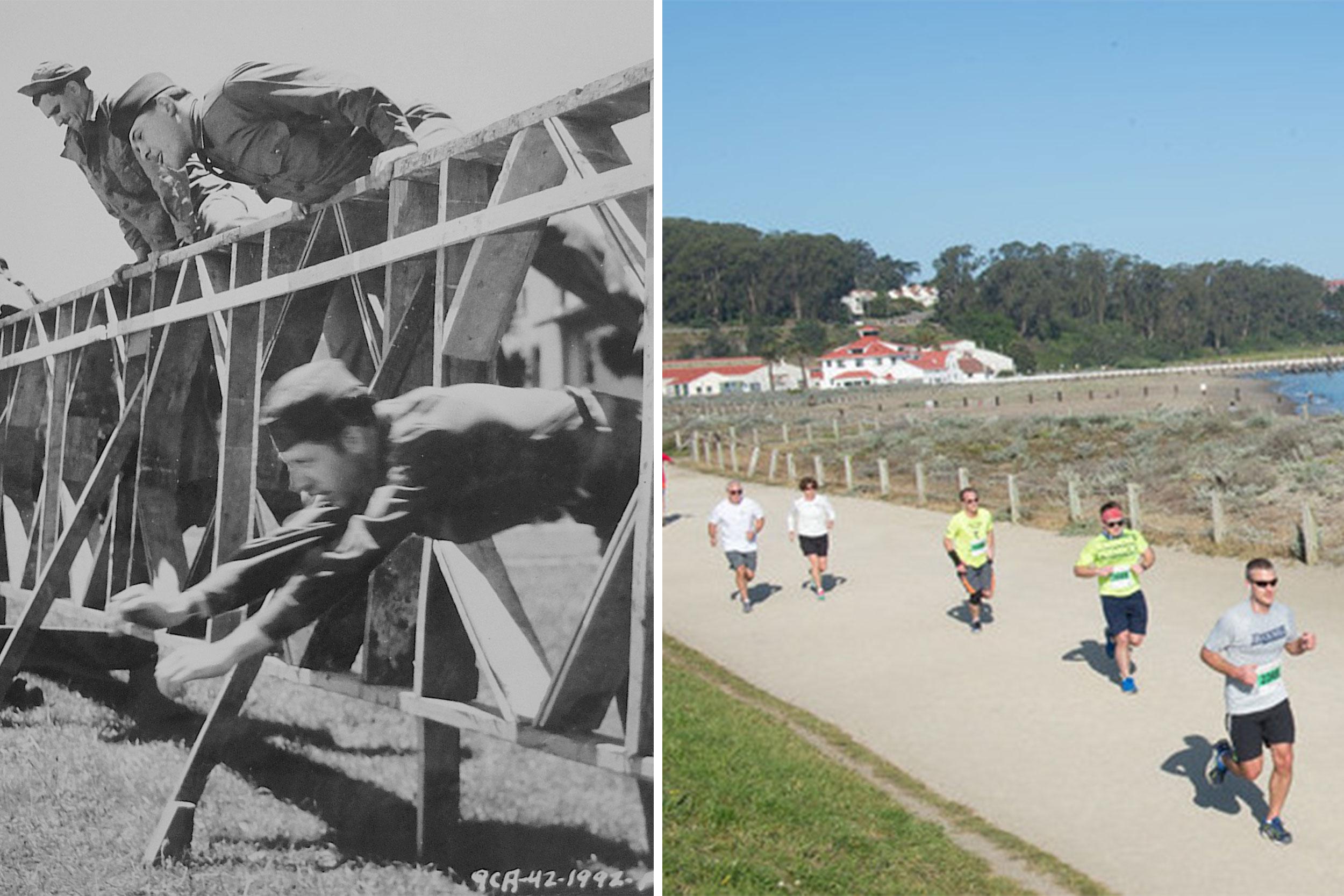 Soldiers racing on left. Modern day race runners on Crissy Field trail on right.