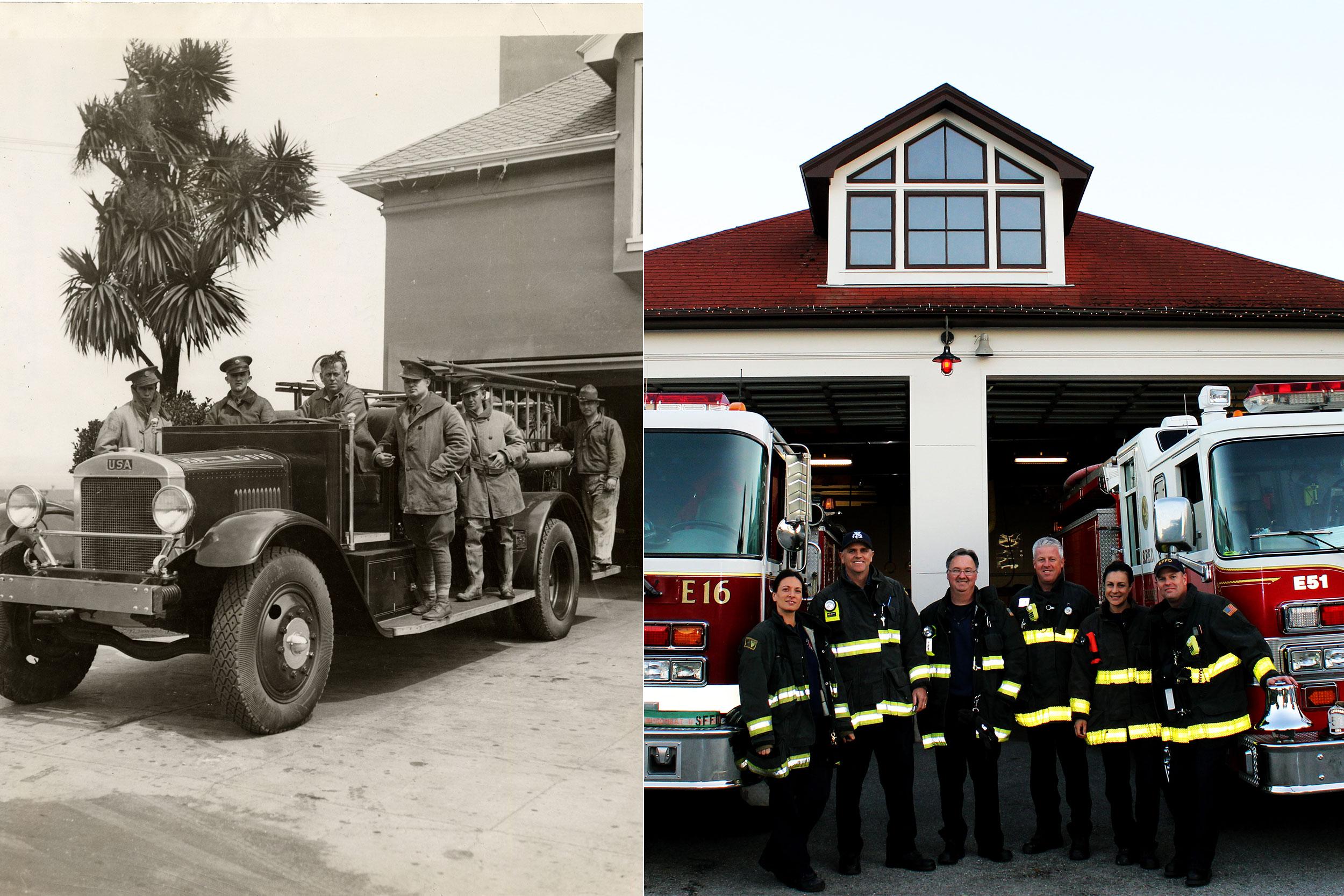 Presidio firefighters then on wagon and now in front of station and trucks