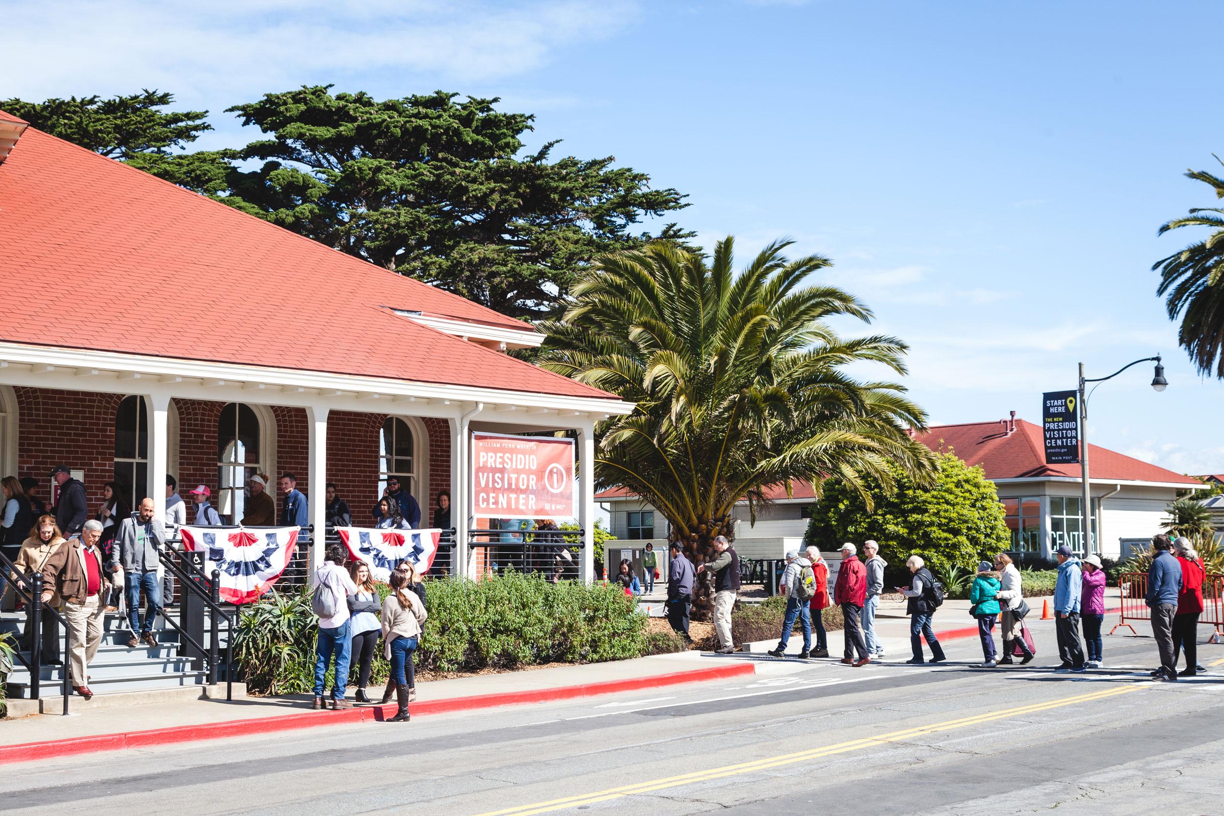 Visitors lined up to enter Presidio Visitor Center