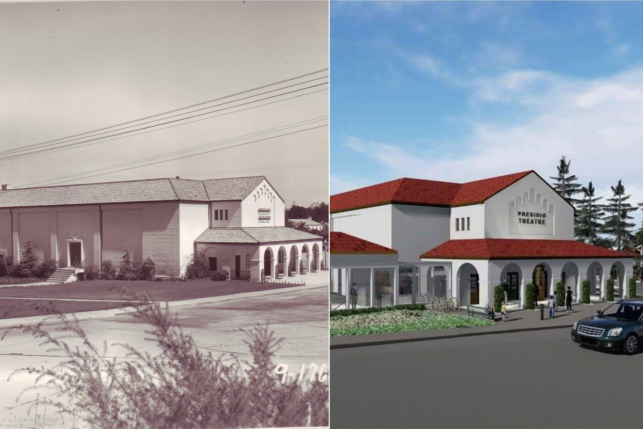 Exterior views of Presidio Theatre then and a rendering of it now