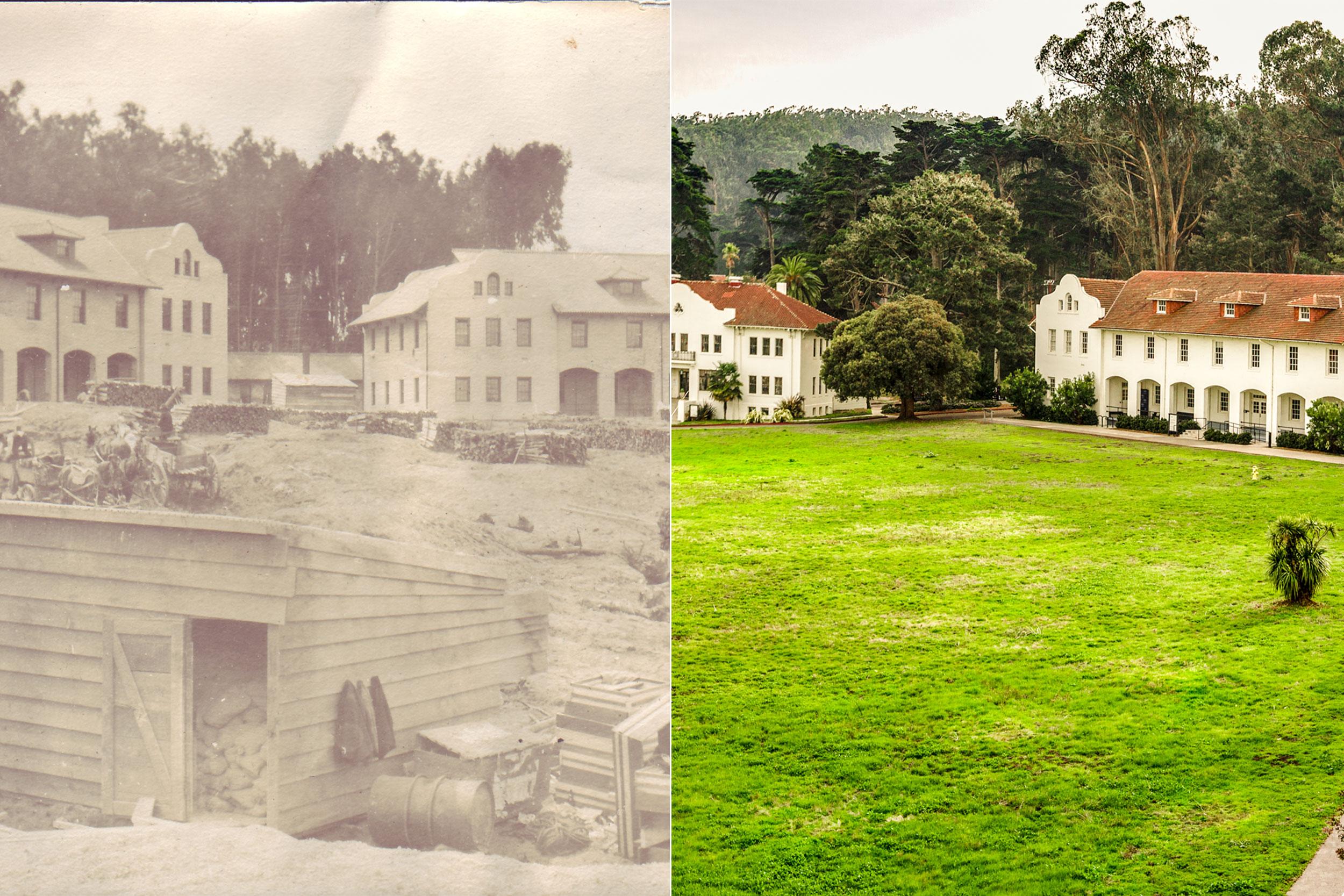 Fort Winfield Scott buildings in 1911 and present