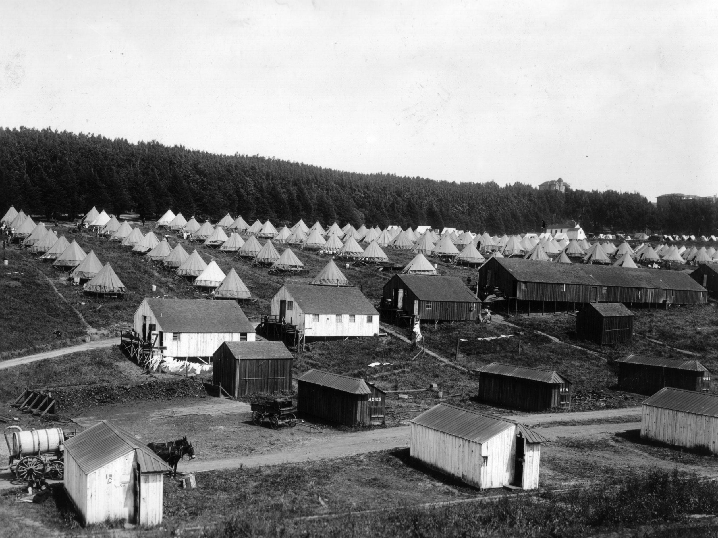 Buildings and tents at the refugee camp in Tennessee Hollow