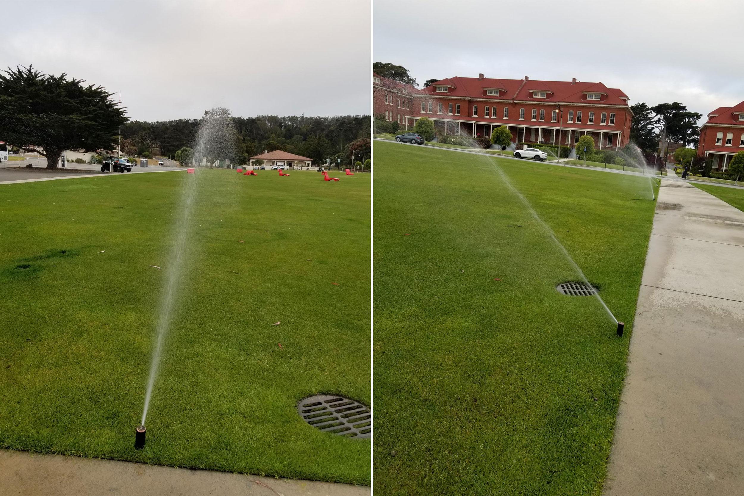 Sprinklers turned on on the Main Parade Lawn