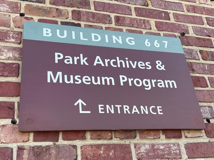 Sign for the Park Archives and Records Center in the Presidio of San Francisco.
