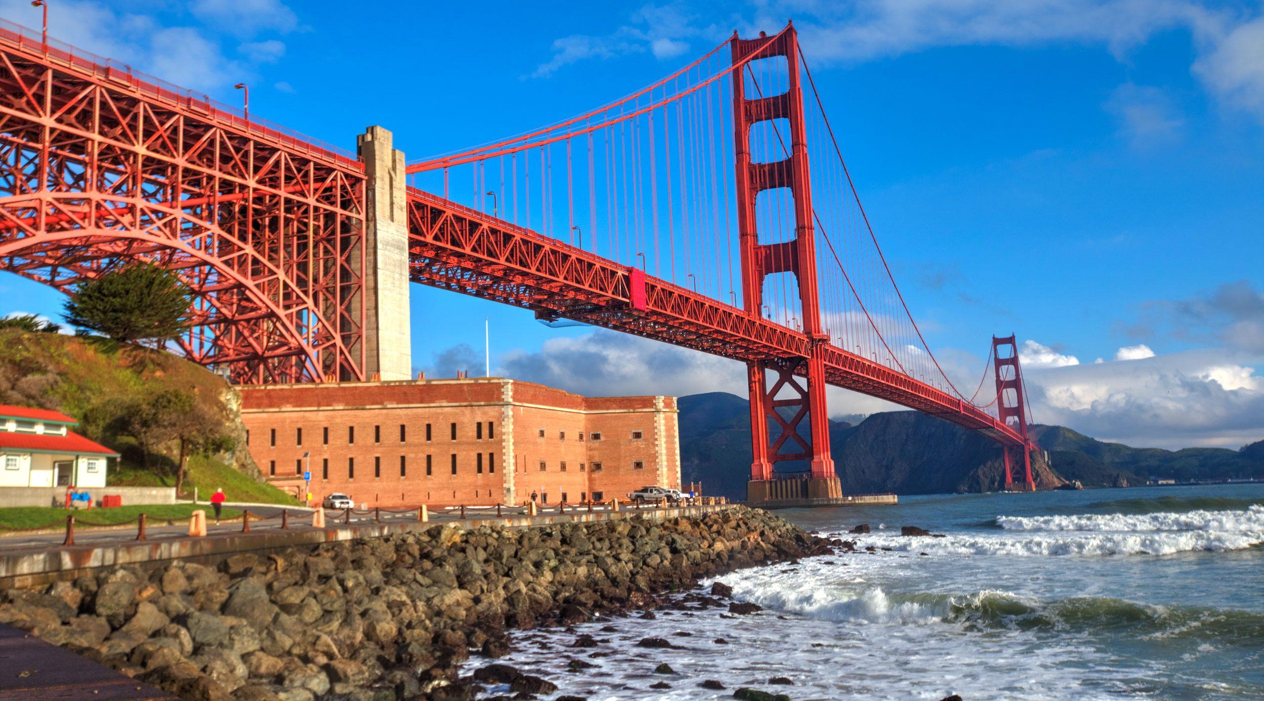 Fort Point National Historic Site exterior with the Golden Gate Bridge in the background. Phot by Marlin Lum.