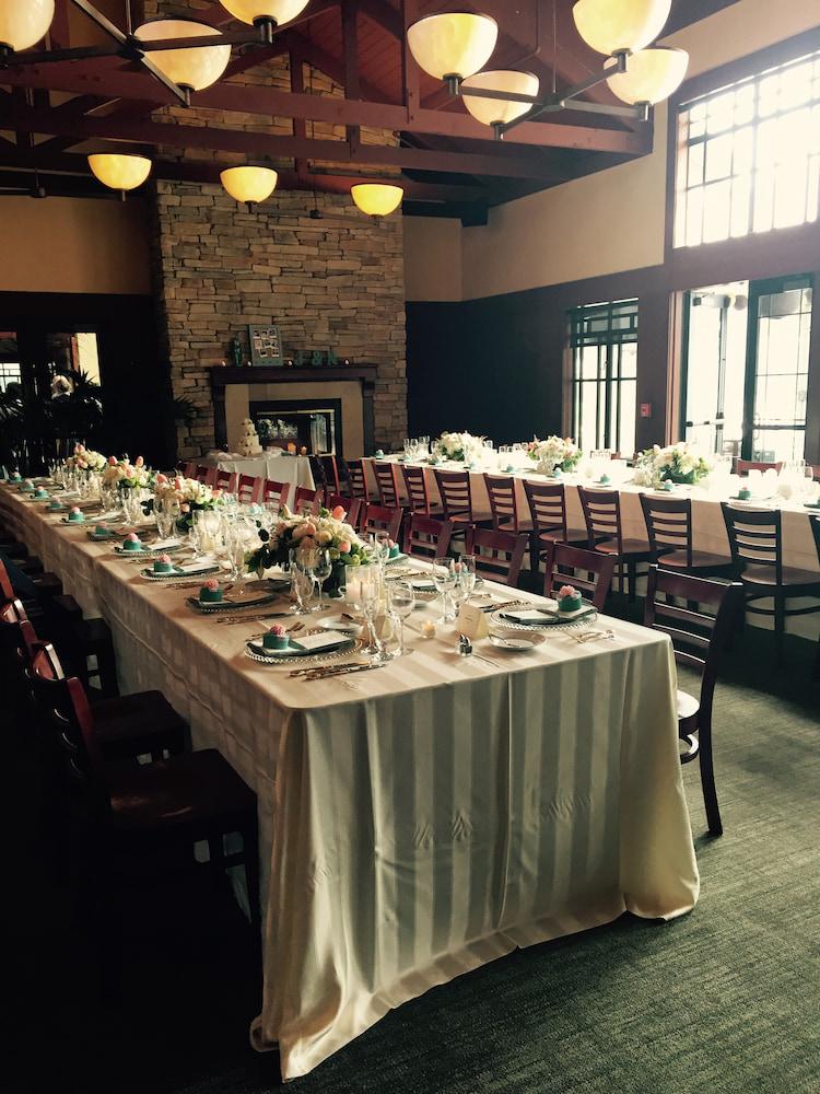 The clubhouse dining room decorated for a special event.