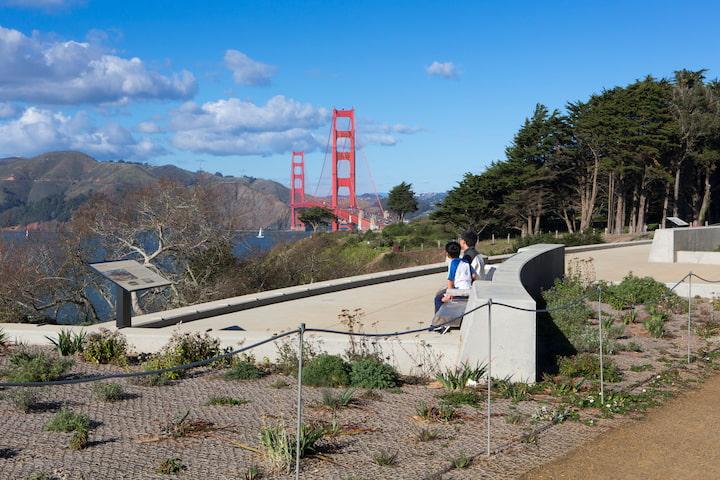 Two men on a bench at Pacific Overlook.
