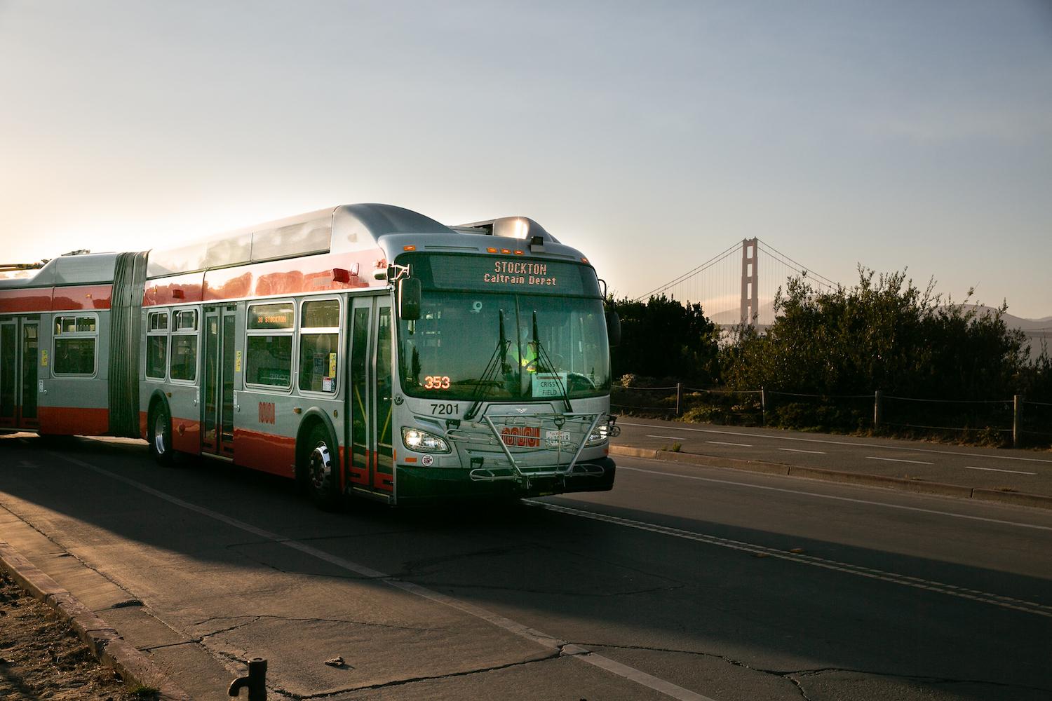 A Muni 30 bus at Crissy Field. Photo by Myleen Hollero.