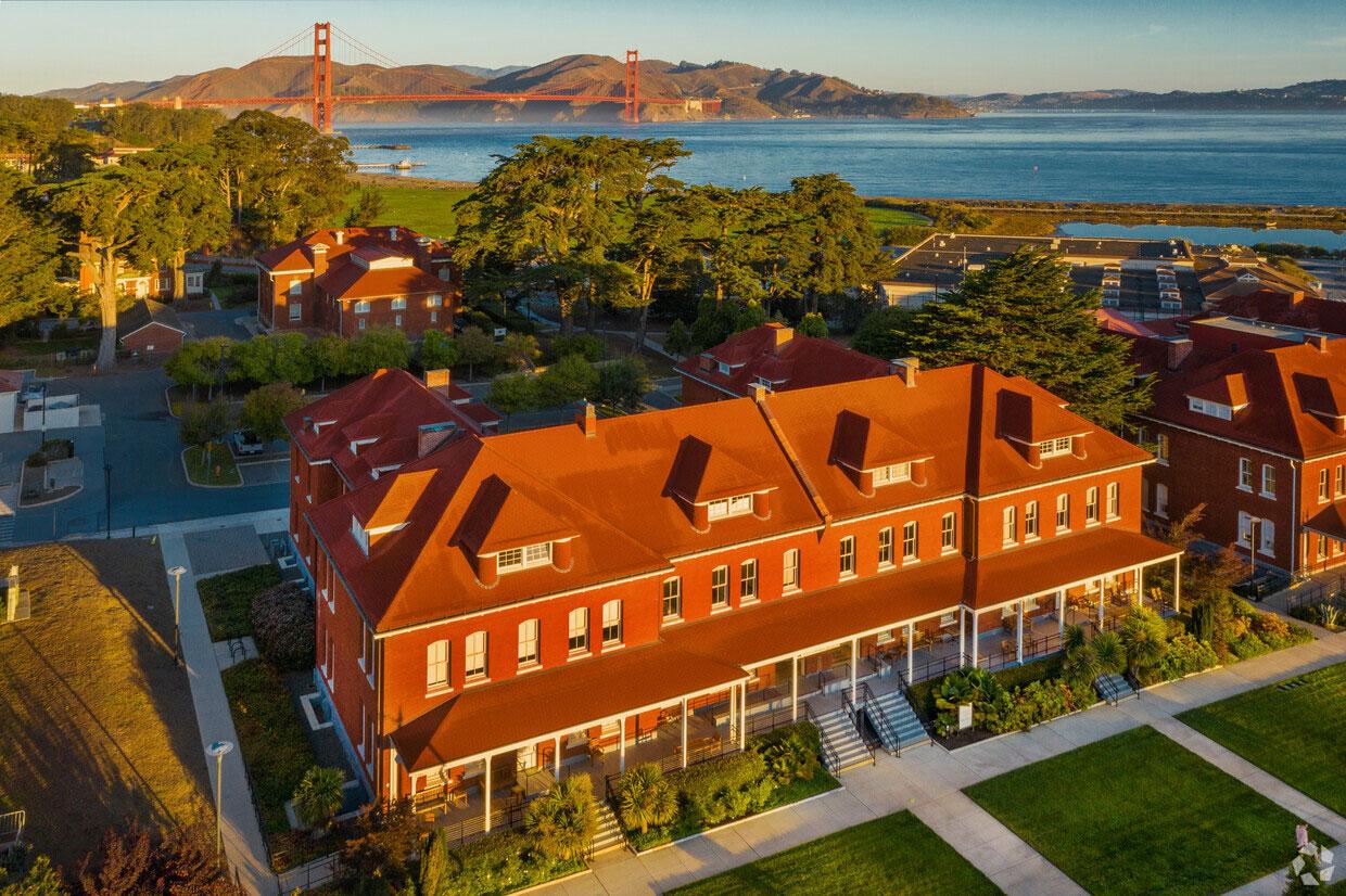 Aerial view of 102 Montgomery Street barrack with Golden Gate Bridge in the background