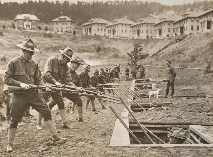 Soldiers training with bayonets at the Presidio in 1918