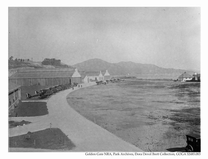 Aircraft in front of the hangars at Crissy Field in 1924.