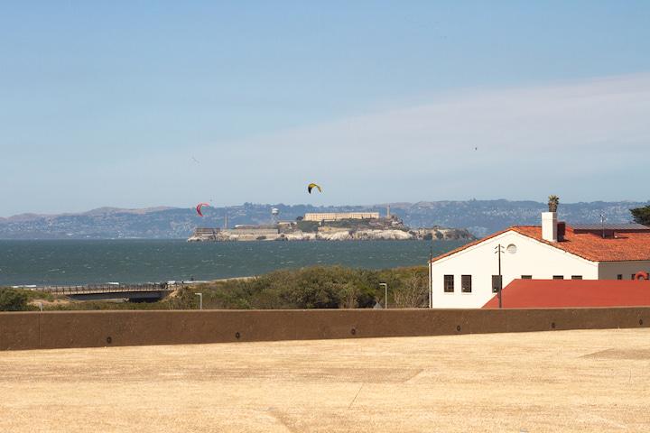 View of Alcatraz from Bay Overlook at Presidio Tunnel Tops.
