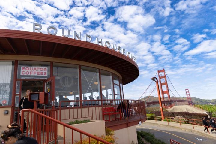 The Golden Gate Bridge Plaza with Round House Café and the Golden Gate Bridge.