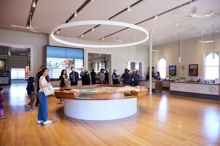 The interior of the Presidio Visitor Center with a large relief map.