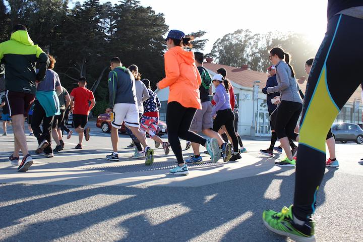 A large group running in the Presidio.