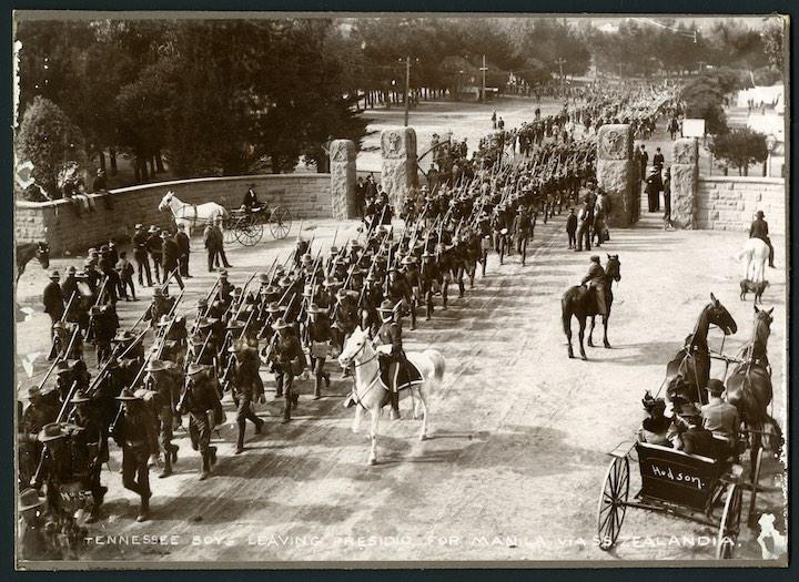 First Tennessee Volunteer Regiment marching out of Lombard gate with horses, wagons, and spectators nearby. Image courtesy Tennessee State Library and Archives.