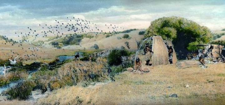 Drawing of Ohlone village from San Mateo County History Museum exhibit "Nature's Bounty."