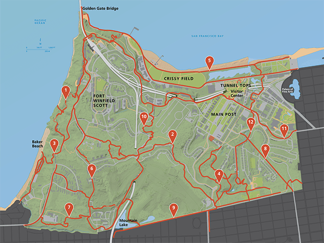An image indicating the route of all 12 Presidio trails.