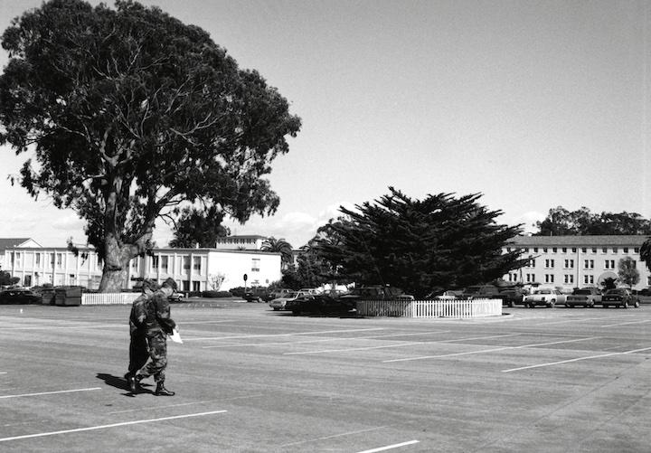 Two soldiers walking across parade ground. Image courtesy Golden Gate NRA Park Archives.