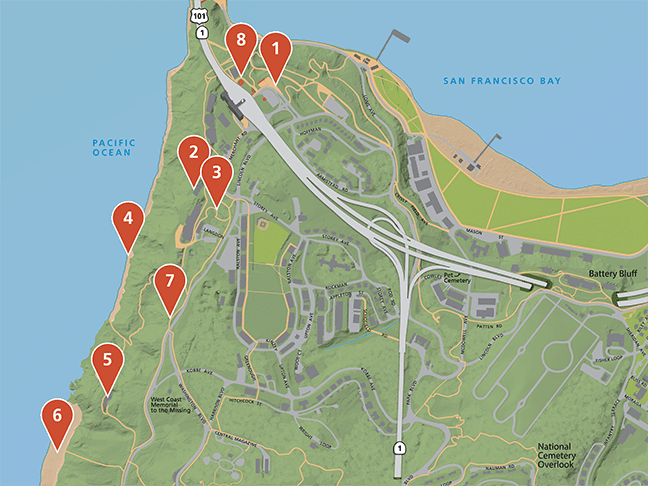 Map indicating the stops on the Nature and History Coastal Walk itinerary.