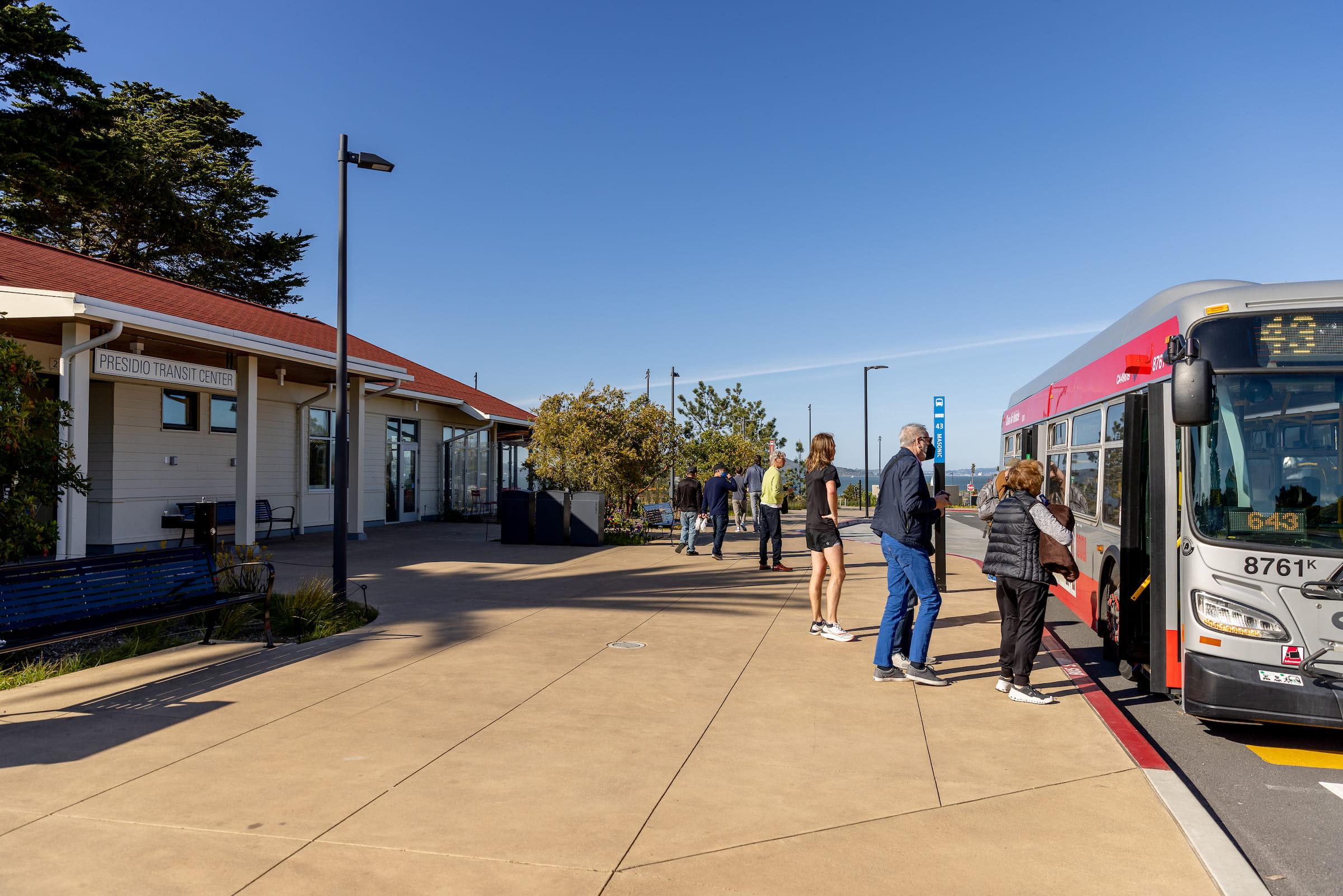 A Muni 43 bus waits for passengers to board in front of Presidio Transit Center. Photo by Myleen Hollero.